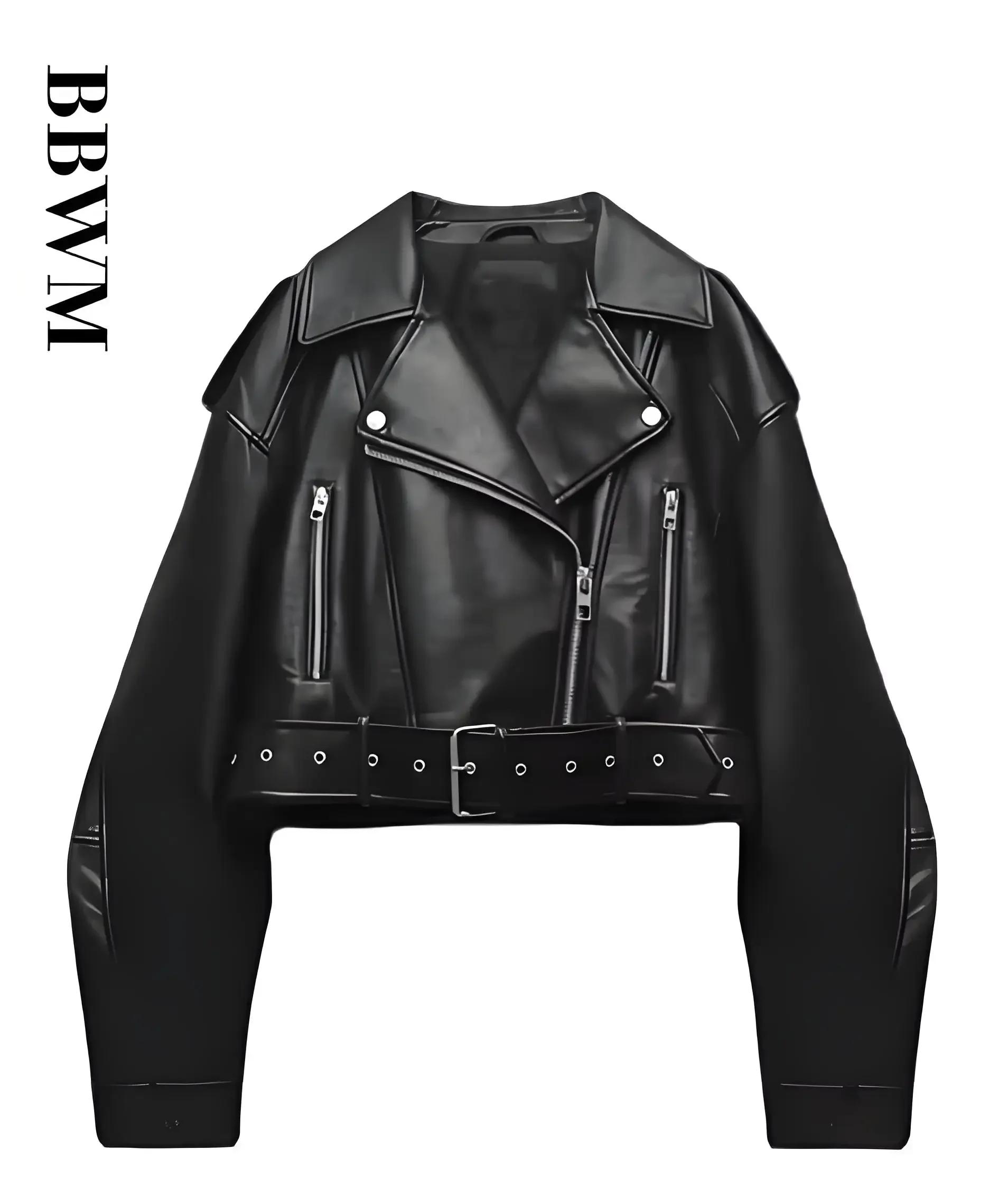 Femmes Vintage ample lavé Faux cuir veste courte Streetwear femme fermeture éclair ceinture Moto Bik