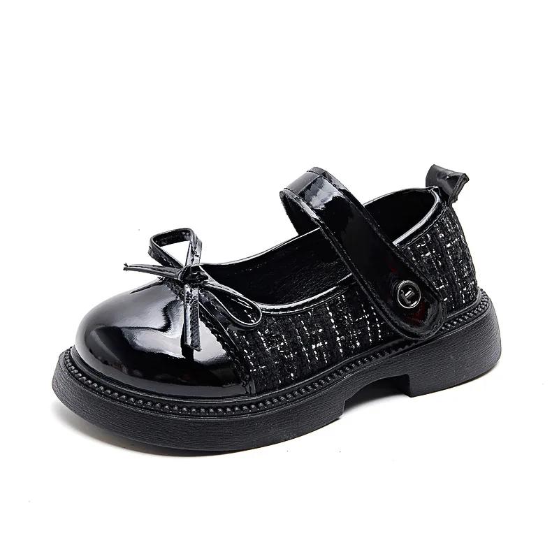 Chaussures plates pour filles, style patchwork, nœud tendance, chaussures en cuir pour enfants, chau