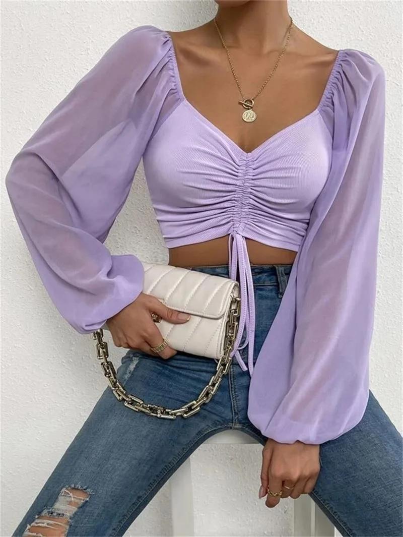 T-Shirt court à manches transparentes pour femmes, cordon de serrage sur le devant, col plongeant, m