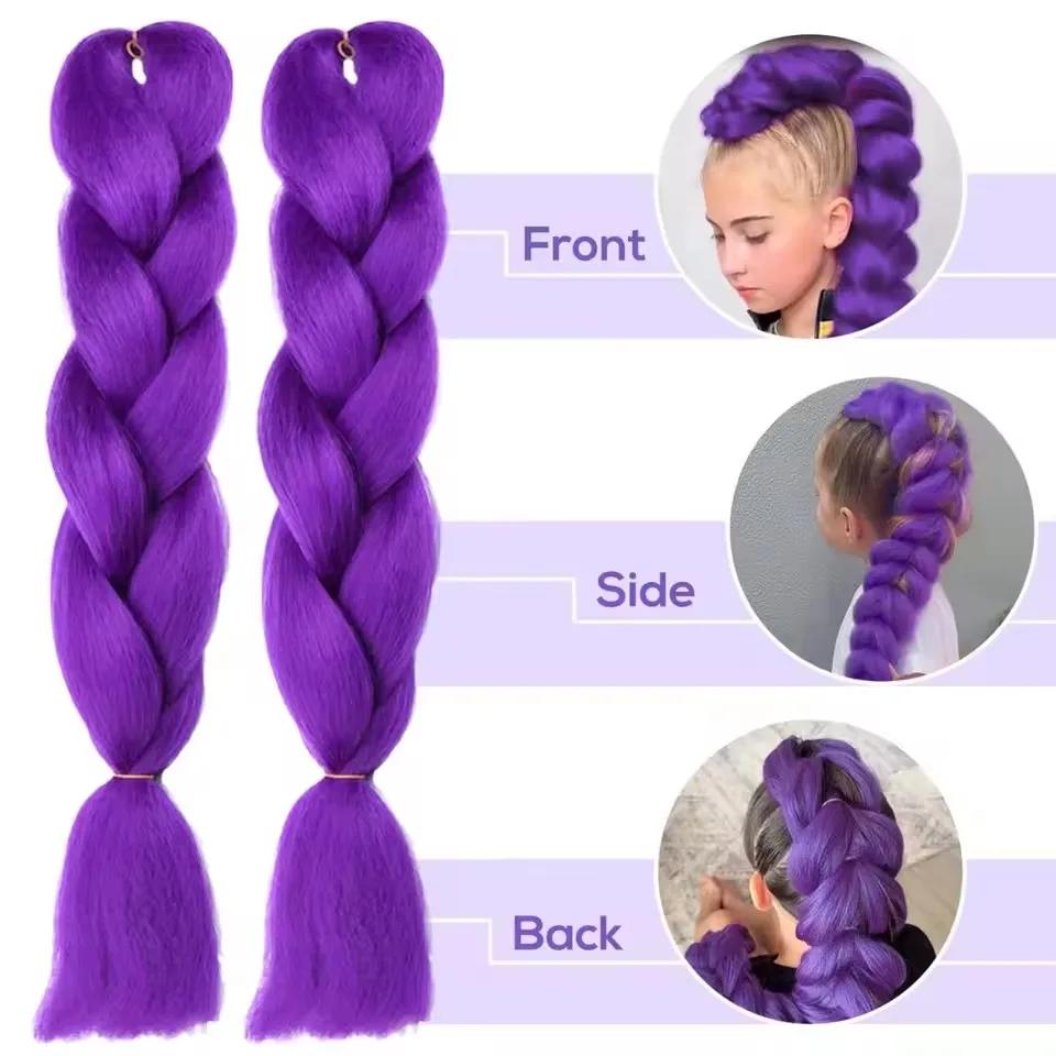 Extensions de cheveux synthétiques tressés violets longs de 24 pouces pour tresses, cheveux tressés