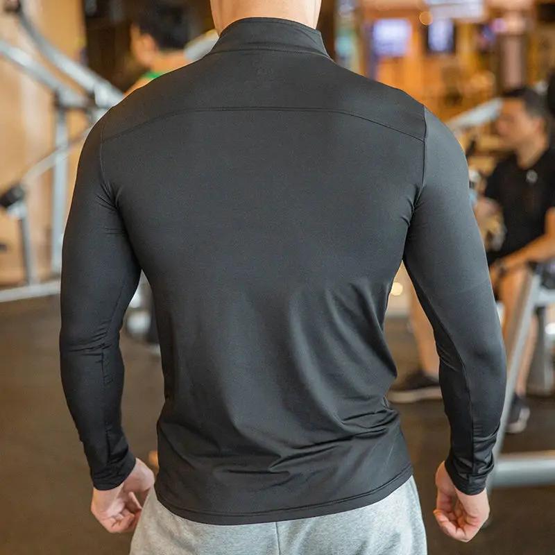 T-shirt de sport à manches longues pour hommes, coupe cintrée, demi-fermeture éclair, col montant, p