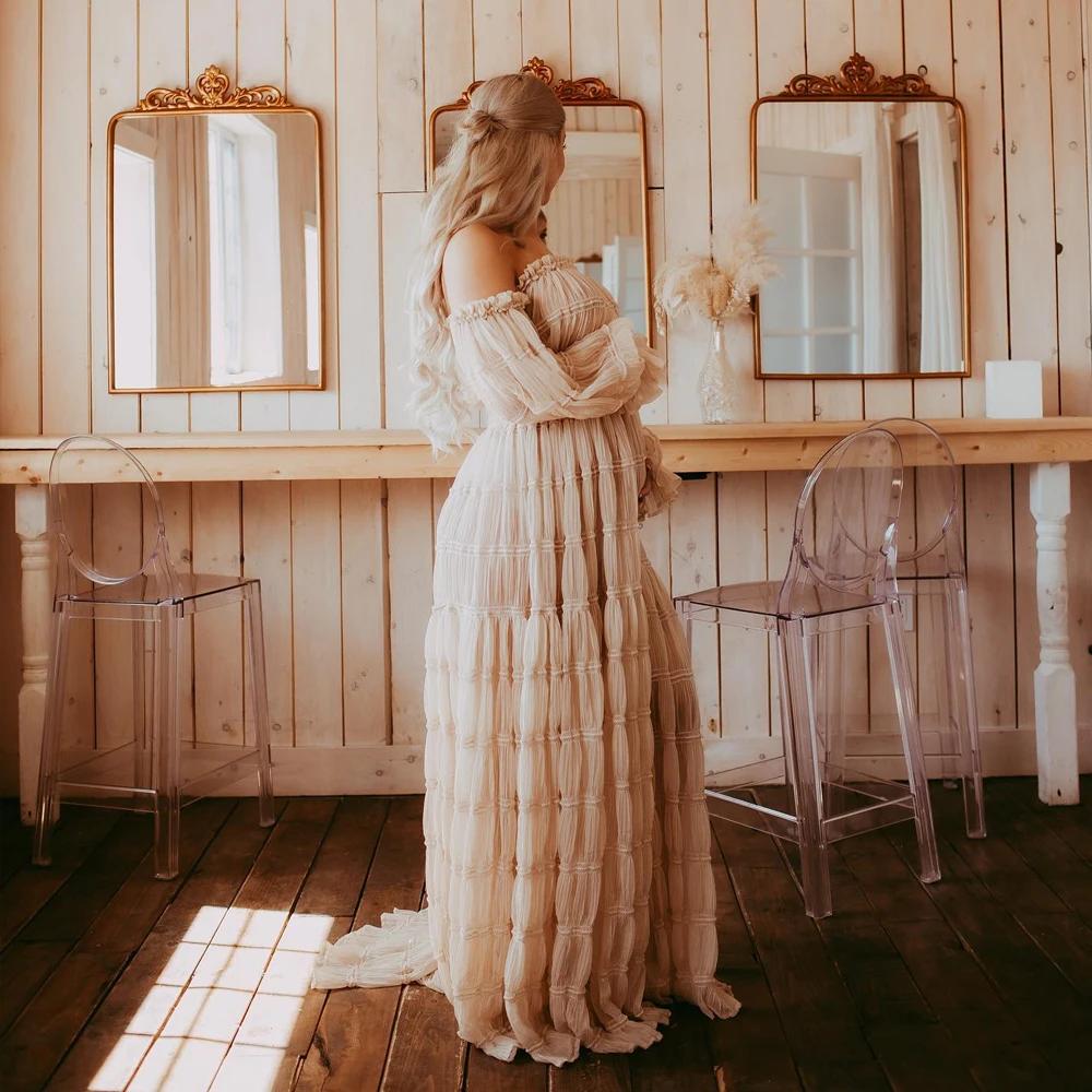 Robe de maternité pour séance Photo plissée en mousseline de soie, Sexy, épaules dénudées, haut fend