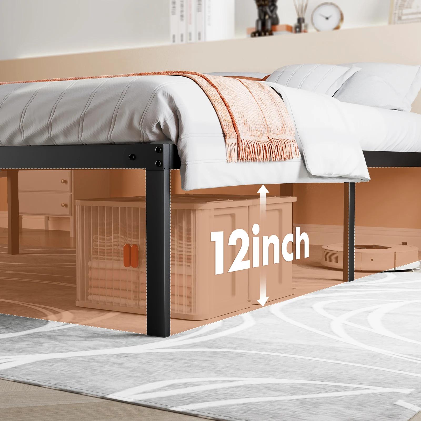 JIAN-Cadre de lit simple en métal avec espace de rangement, support à lattes en acier robuste, 350lb
