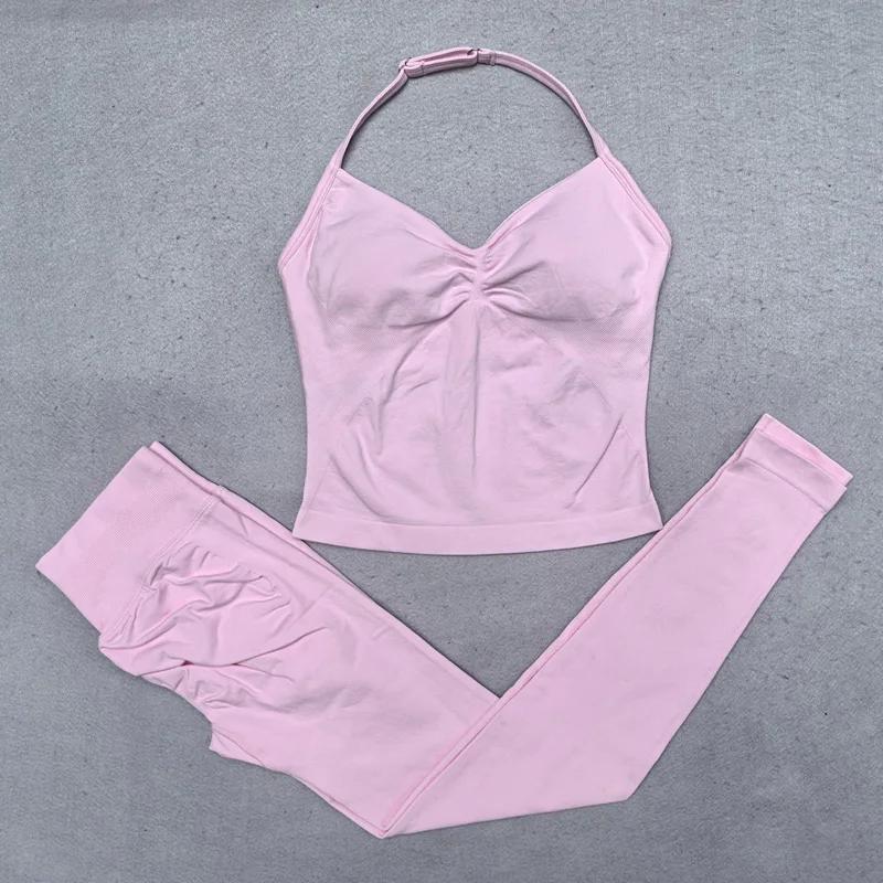 Ensemble de Yoga sans couture pour femmes, 2 pièces, débardeur rembourré, col licou, froissé, levage