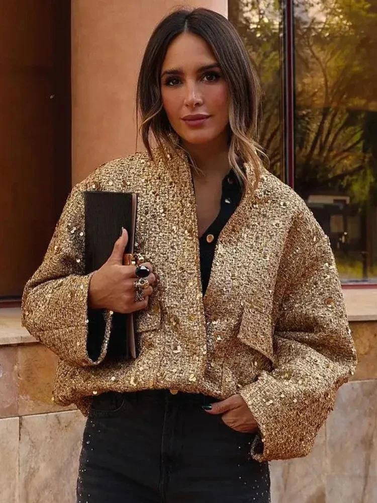 Blouson Bombardier à Paillettes pour Femme, Col Rond, Manches sulf, Poche, Ourlet Commandé, Manteau
