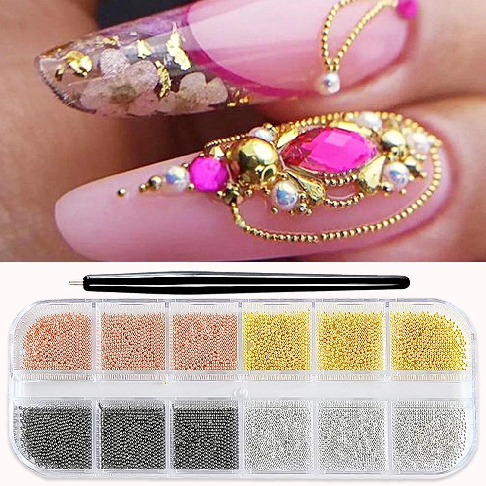 Mini perles de Caviar à 12 grilles, décorations pour Nail Art, Micro boule en métal or/argent, brelo