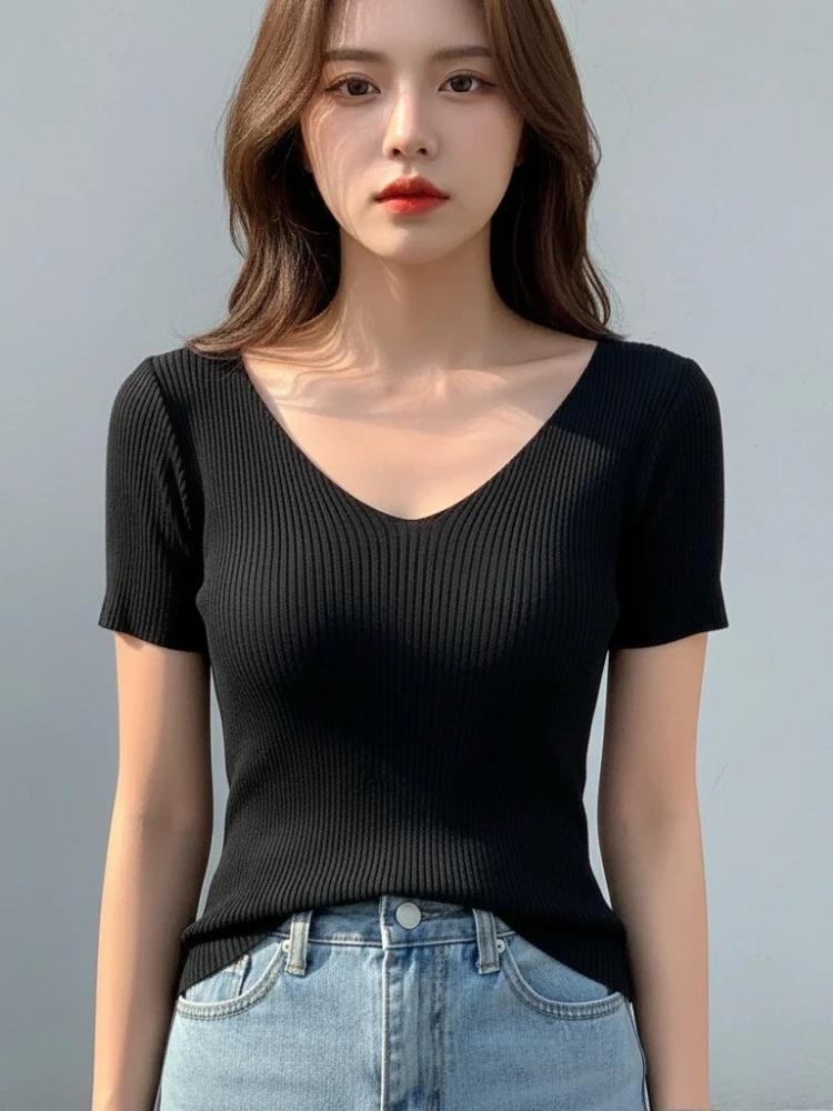 AOSSVIAO 2026 – Nouveau pull côtelé tricoté pour femme, col en V, uni, fin, moulant, à manches court