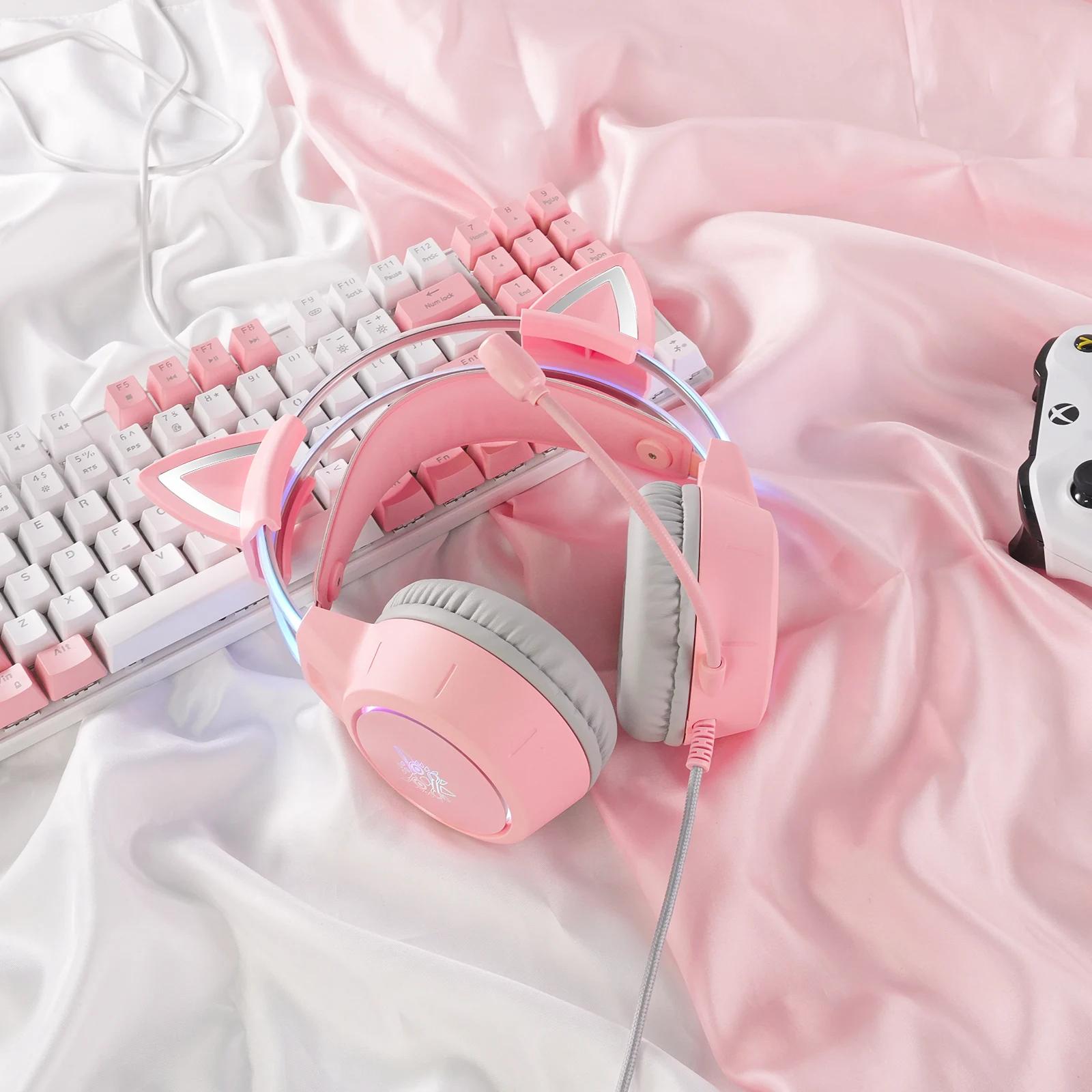 ONIKUMA casque de jeu oreilles de chat amovibles roses casque filaire Gamer avec lumière rvb suppres
