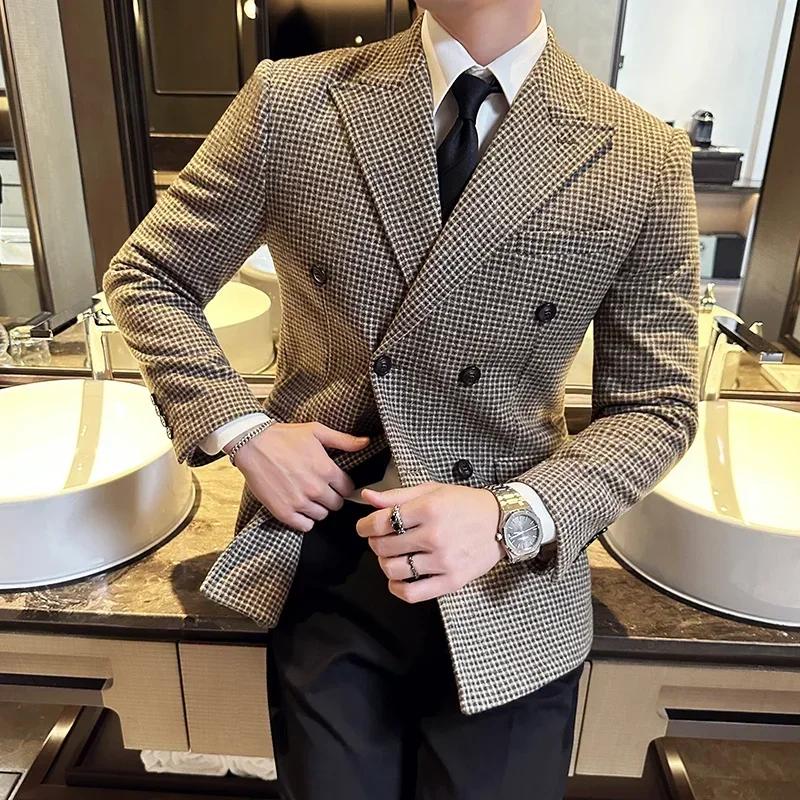Blazer pied-de-poule pour hommes, Style britannique, Double boutonnage, coupe cintrée, veste de cost