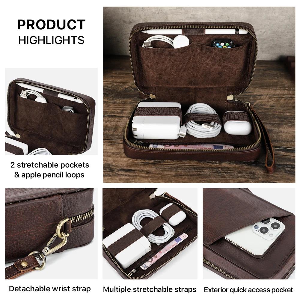 Sac de rangement portable en cuir véritable pour câble de données USB, étui pour écouteurs, accessoi
