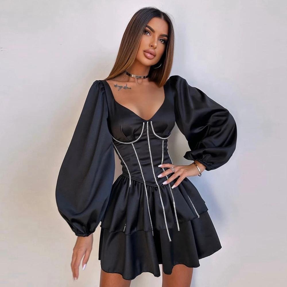 Robe de soirée élégante en satin noir, col en V unique, manches longues, robes de soirée formelles a