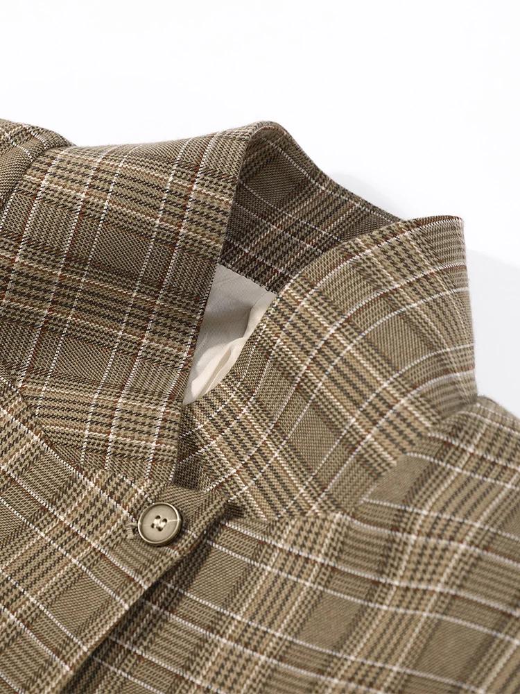 Blazer à carreaux pour femme, col montant, manches longues, bouton unique, poches, veste de bureau d