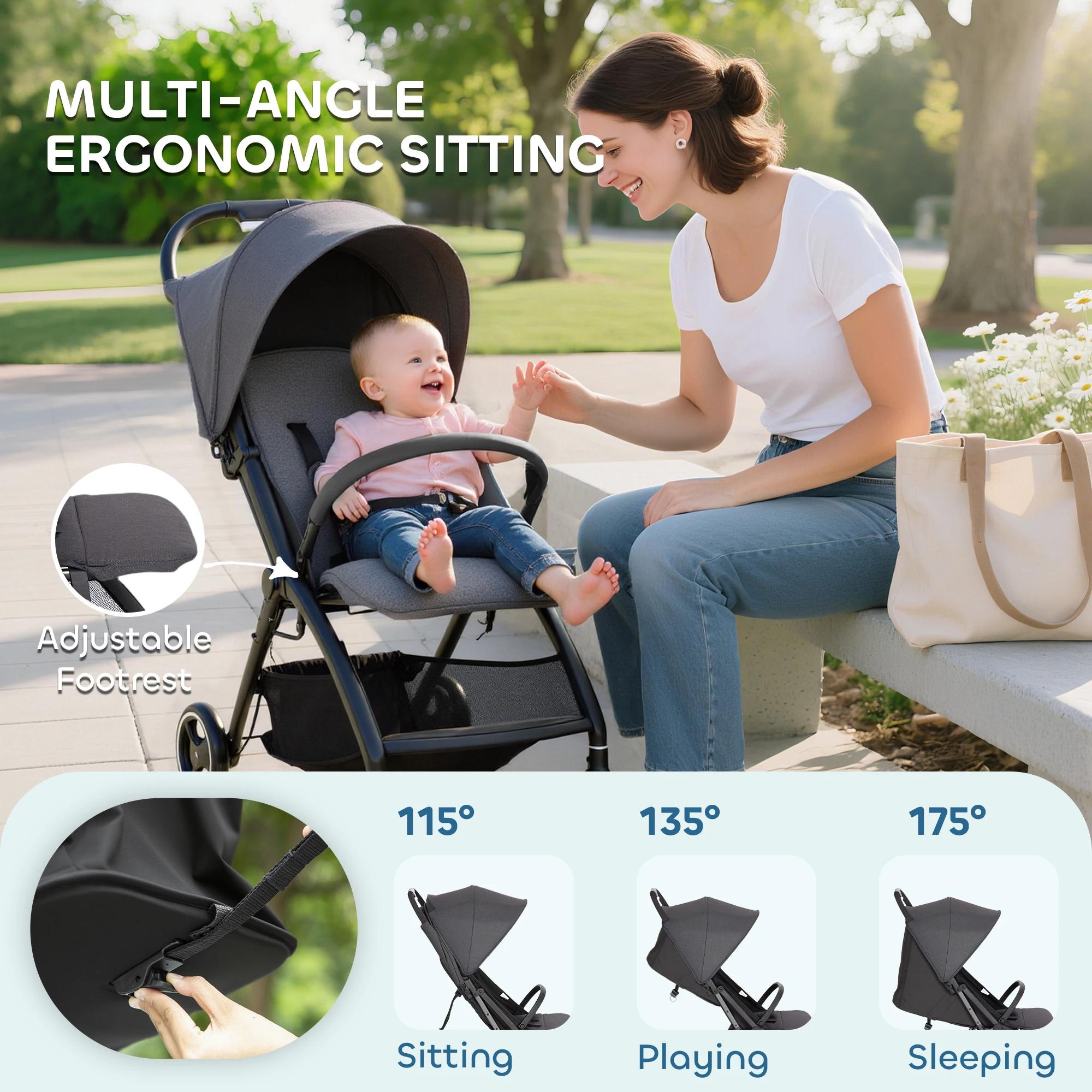 Poussette pliable pour bébé avec dossier inclinable, repose-pieds réglable, capote, panier, harnais,