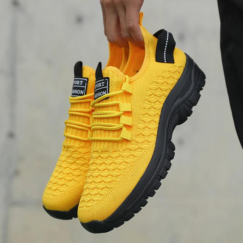 Baskets d'extérieur jaune vif pour hommes, chaussures de sport en maille respirante, absorbant les c