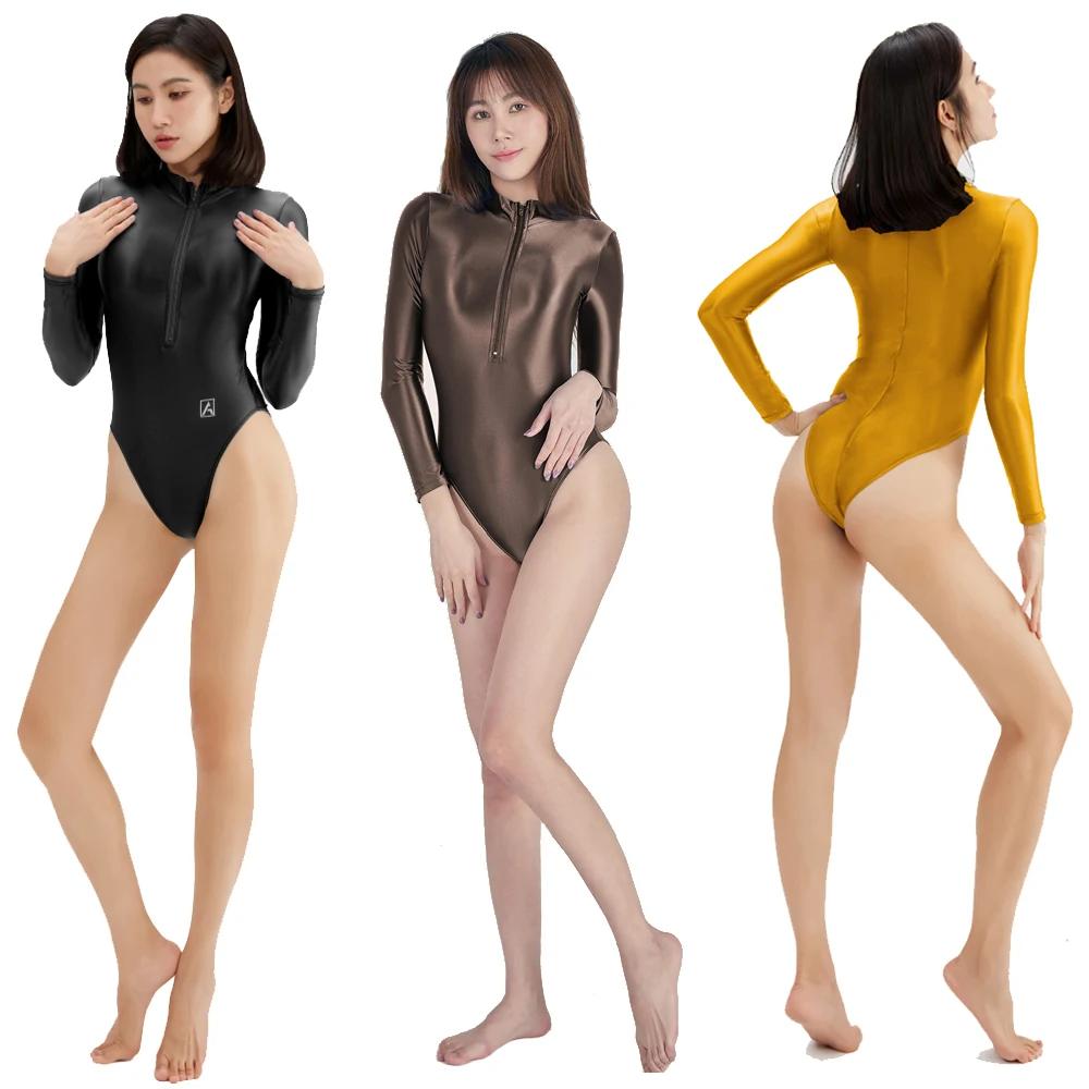 AMORESY Maillot de bain une pièce sexy en spandex pour femme, brillant et soyeux, manches longues, f
