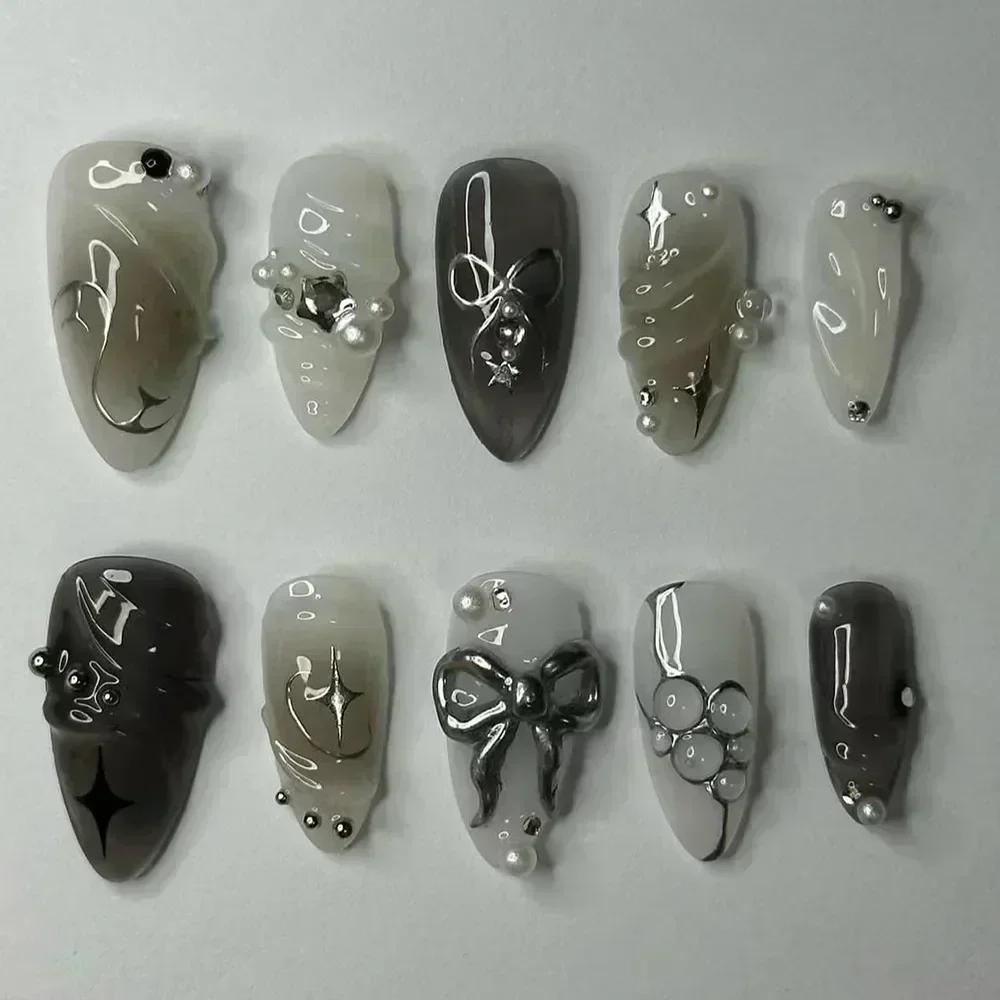 24 pièces faux ongles fille épicée arc argenté avec diamant faux ongles avec colle amande presse sur