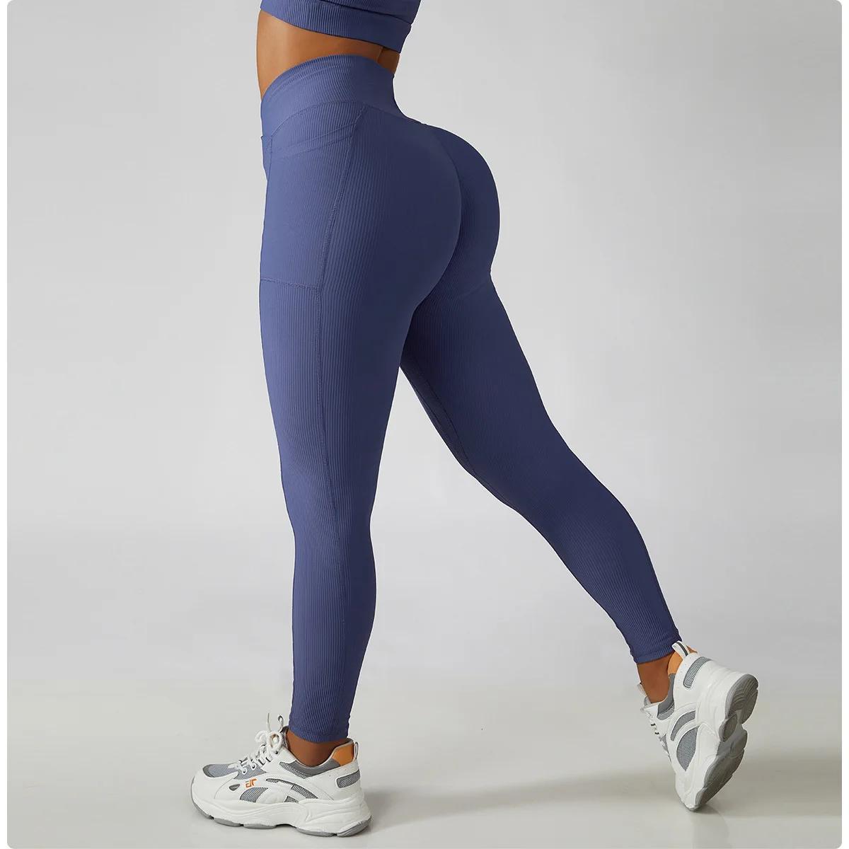 Pantalon de Yoga côtelé de couleur unie pour femmes, poches croisées, taille haute, Leggings de Fitn