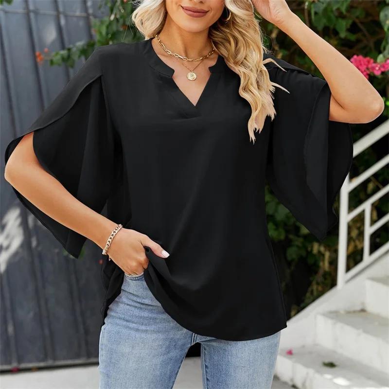 Femmes été Style chemisiers en mousseline de soie chemises dame décontracté manches courtes évasées