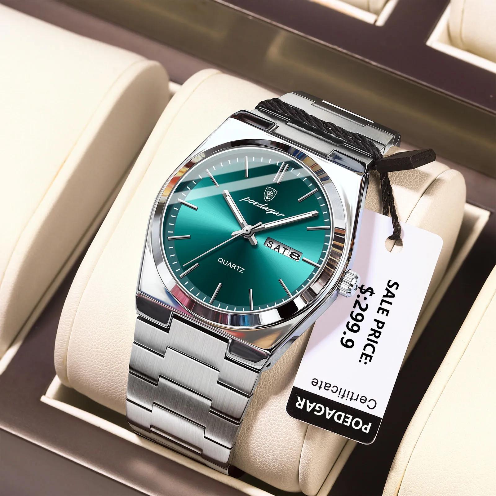 POEDAGAR montres pour hommes de luxe étanche lumineux Date semaine hommes montre en acier inoxydable