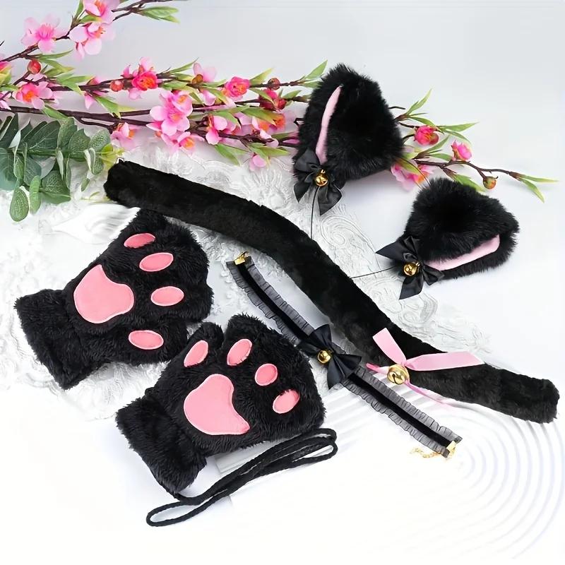 Ensemble de gants patte de chat, 5 pièces, hiver, mignon dessin animé fille, gants à doigts ouverts,