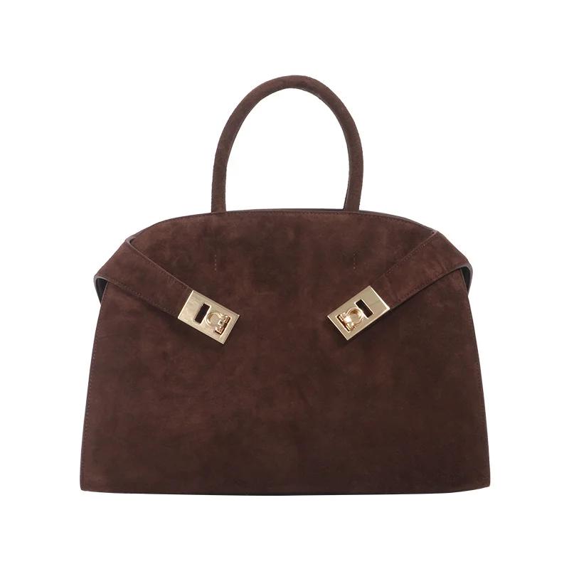 Niche léger luxe mat cuir grande capacité peau de vache femmes sac à main marron daim fourre-tout sa