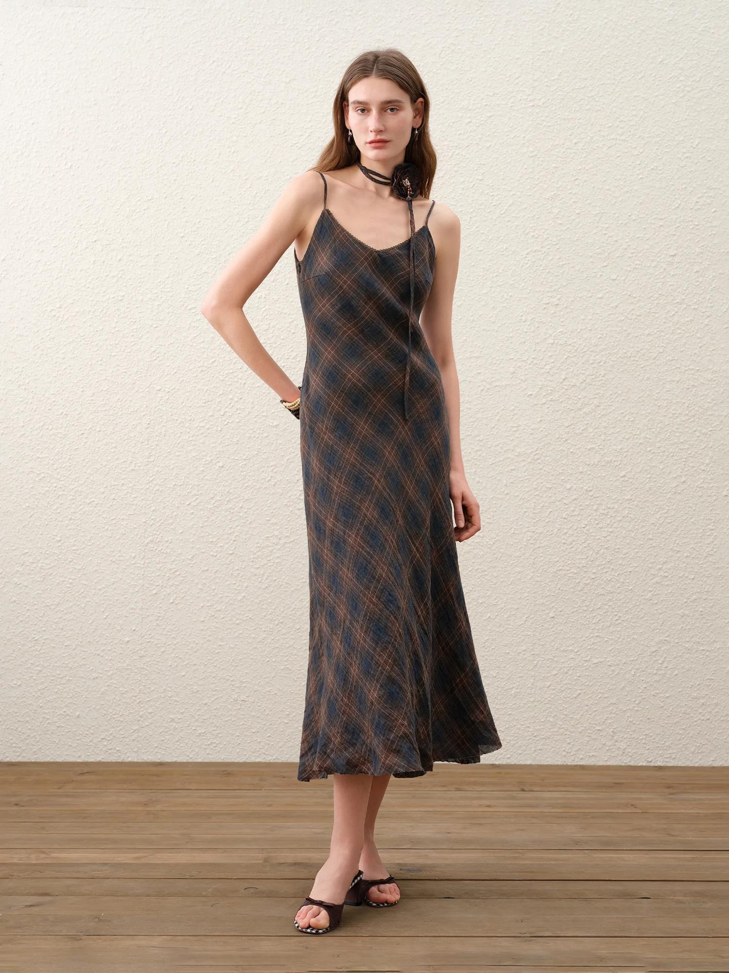 FSLE 【Série Premium】 Robe longue ajustée en lin à col en V et à carreaux rétro pour femme, nouvelle