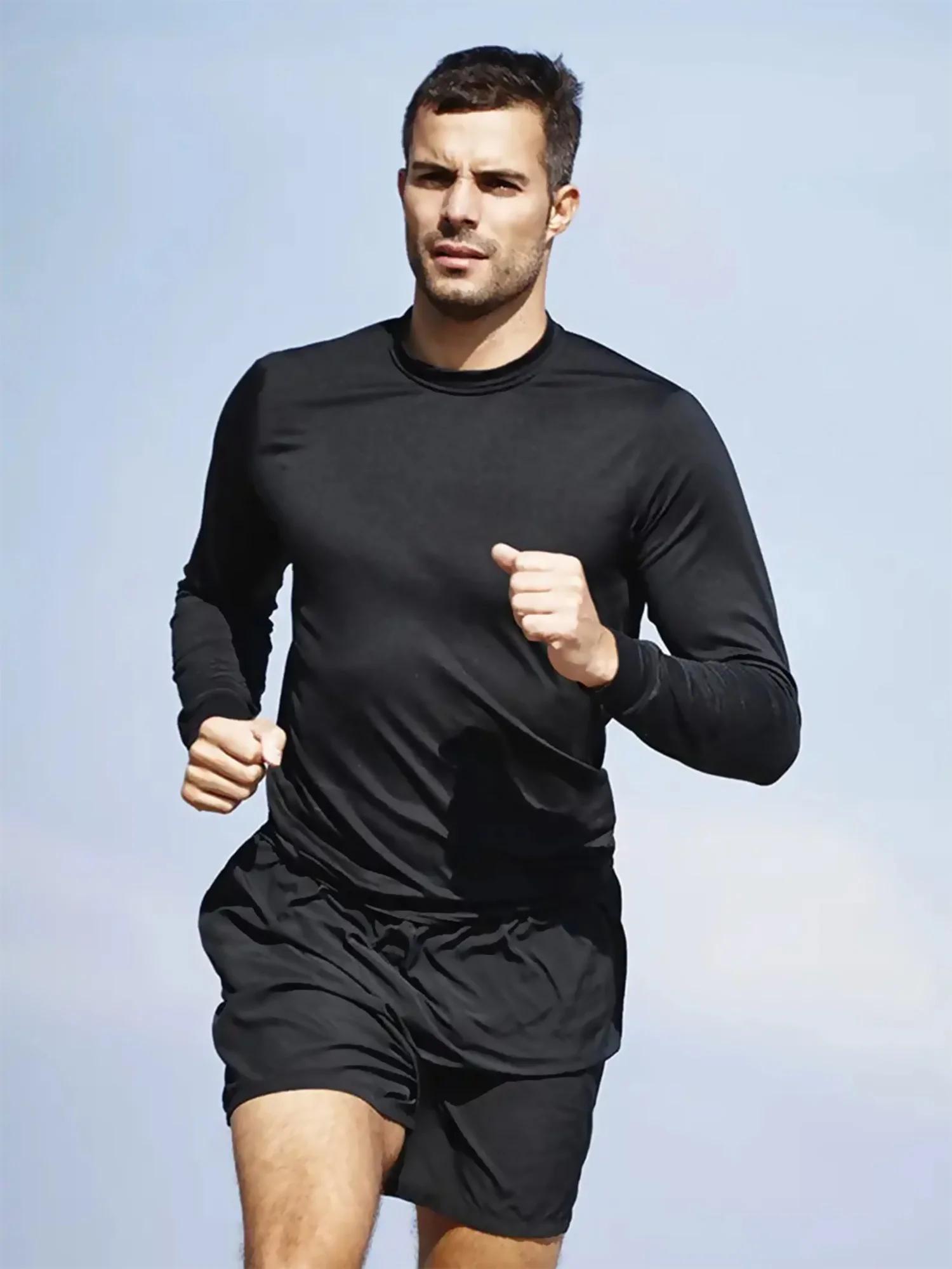Chemise à col rond à manches longues pour homme, haut de fitness à séchage rapide, chemise de sport