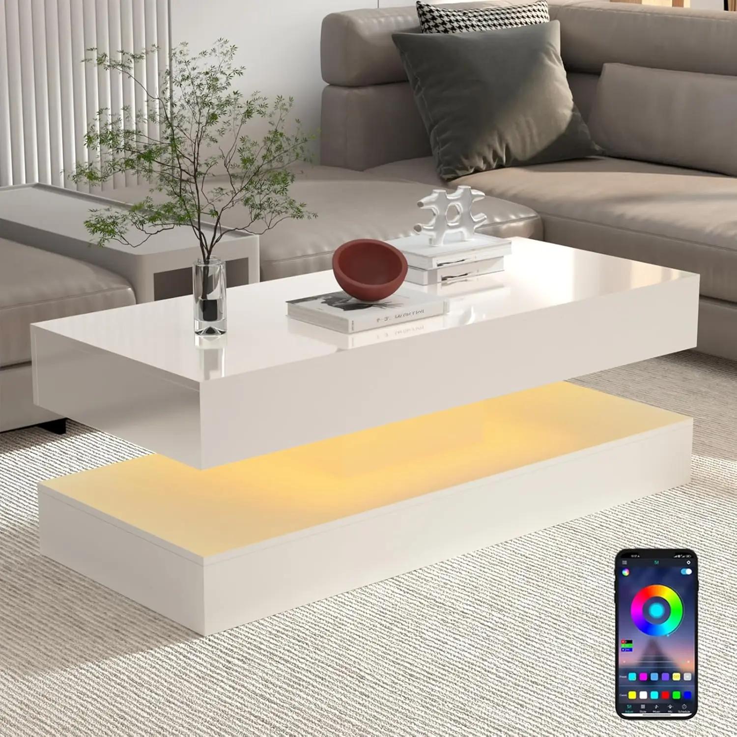 Table basse LED à haute brillance, table centrale moderne avec 2 rangements à proximité, 47,3 pouces