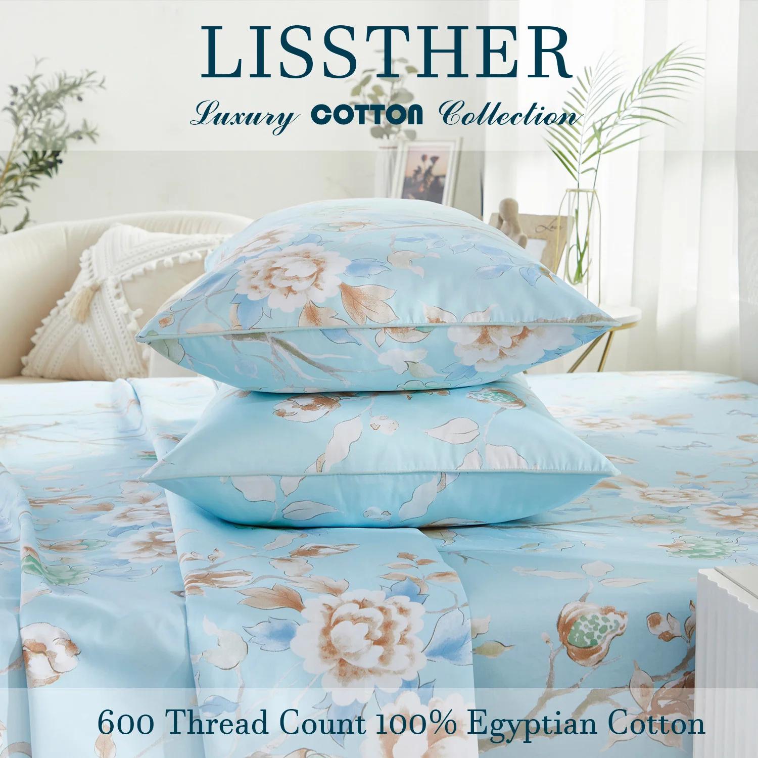 Ensemble de housse de couette 3 pièces 600TC 100% coton égyptien, Vintage bleu clair oiseau aquarell