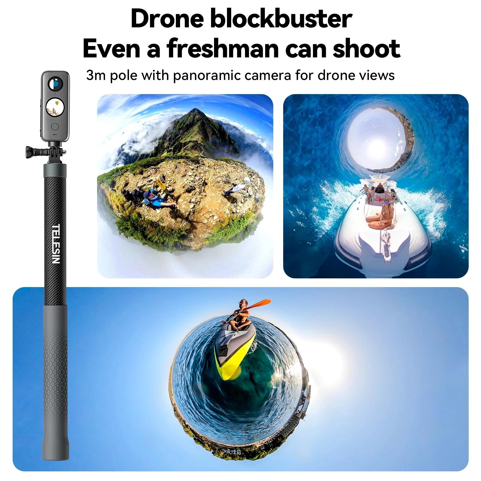TELESIN 1.2M 3M perche à Selfie en Fiber de carbone monopode extensible avec vis 1/4 pour GoPro 13 1