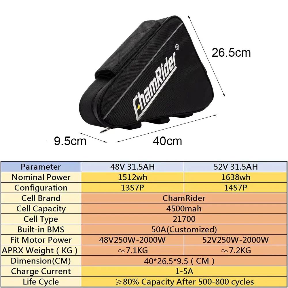 Batterie ChamRider 48V48AH, pack de batterie pour vélo électrique 52V 40.5AH, 2000W, 21700, triangle