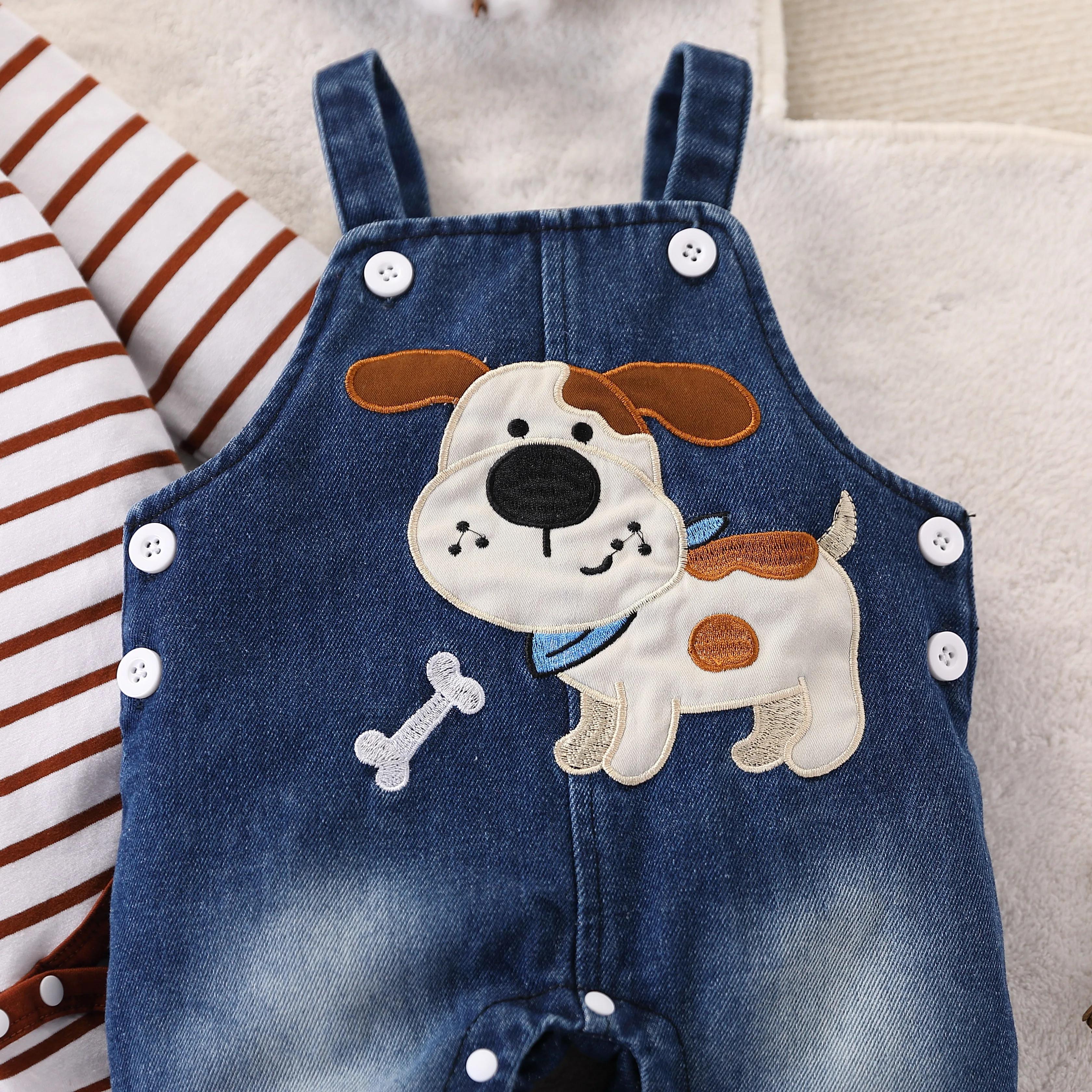 Combinaison rayée rouge et blanche pour bébé garçon + salopette en jean à motif de chiot mignon, ten