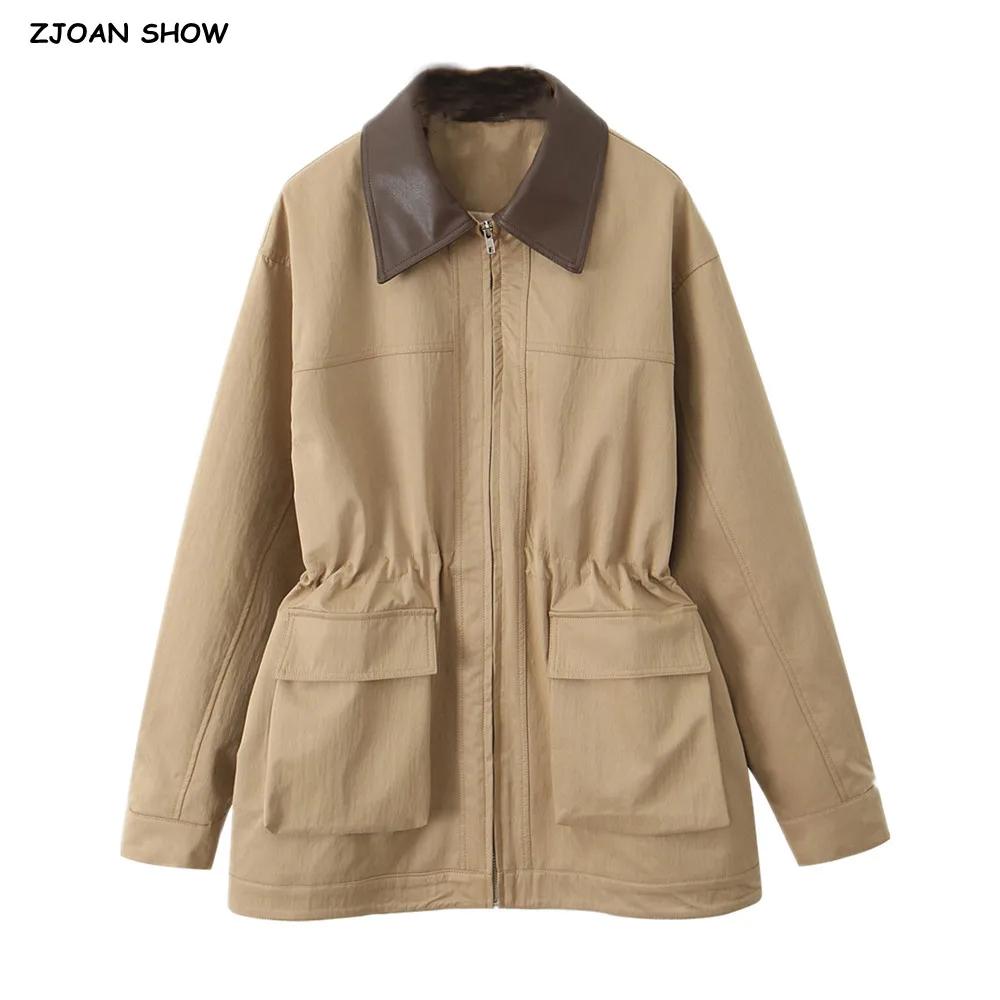 Manteau Safari en Faux Cuir Épissé pour Femme, Veste à Fermeture Éclair, 2 Poches Avant, Taille arti