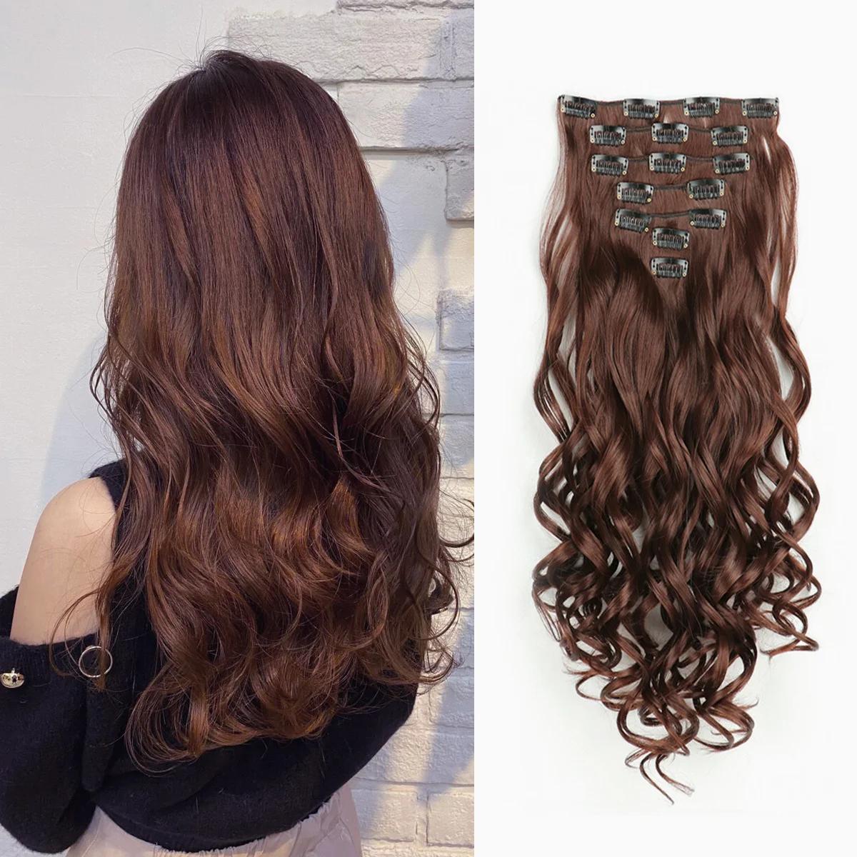 Extensions capillaires synthétiques à clips, 7 pièces, tête complète de 22 pouces, longues, bouclées