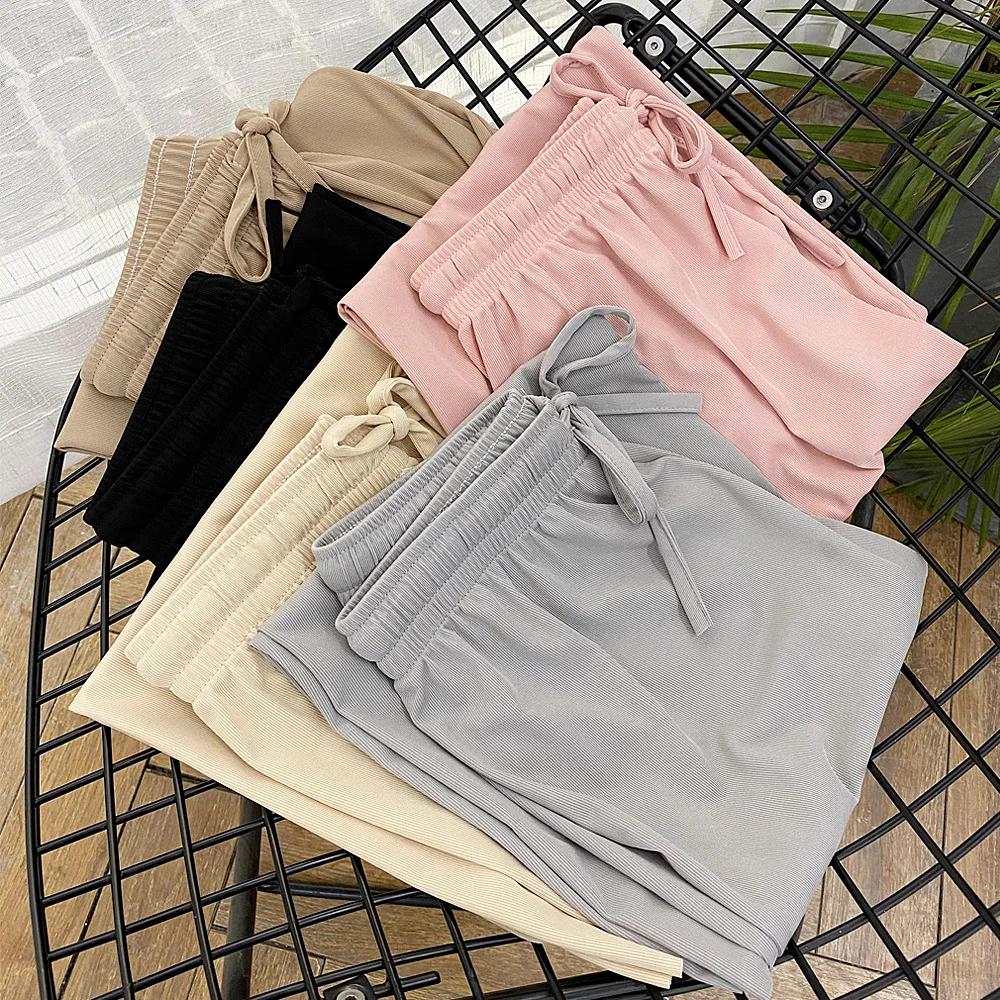 Pantalon large à longueur de rinçage pour femme, décontracté, couleur unie, taille élastique, adt Ic