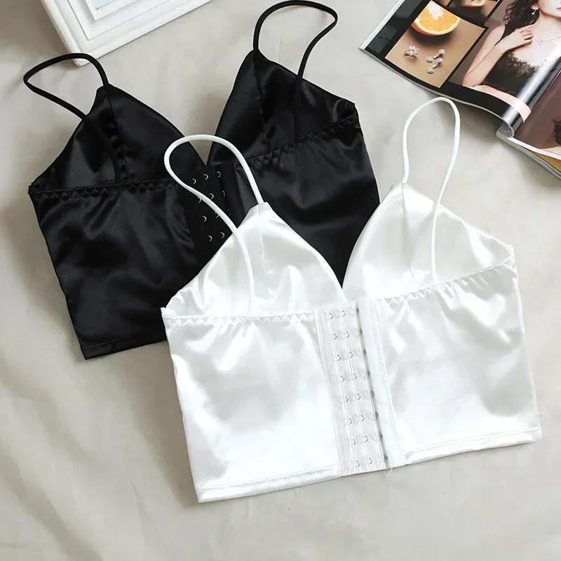 Haut court en Satin Sexy pour femmes, Bralette sans fil, Crochet, bretelles Spaghetti, T-shirt court