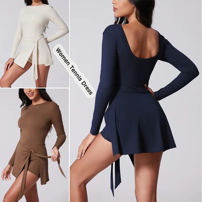 VITALINOVO Robe de tennis à col haut pour femme, jupe portefeuille à manches longues, short intégré,