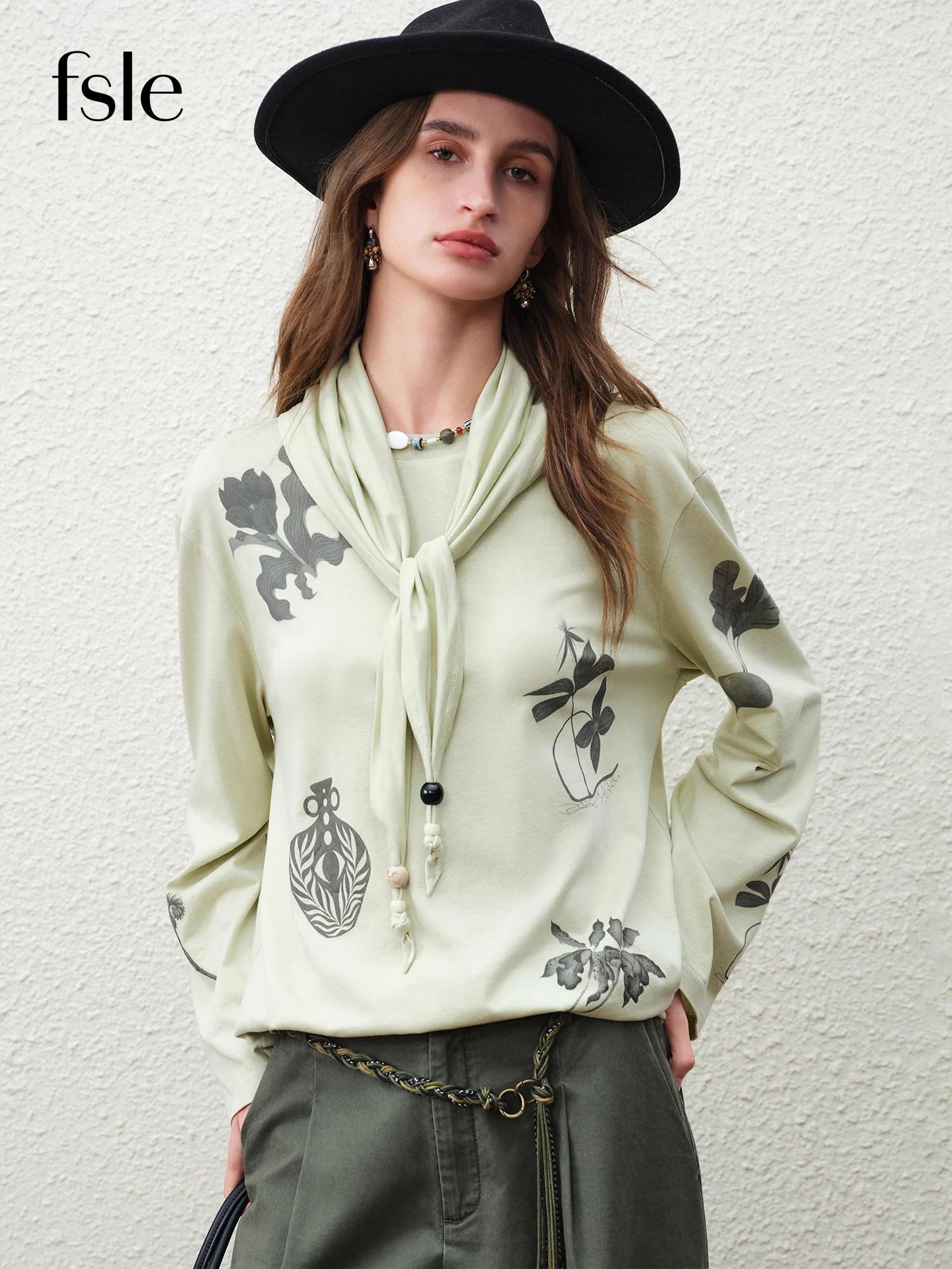 FSLE 【Série Premium】 T-shirt à manches longues pour femme en mélange de lin à imprimé botanique, nou