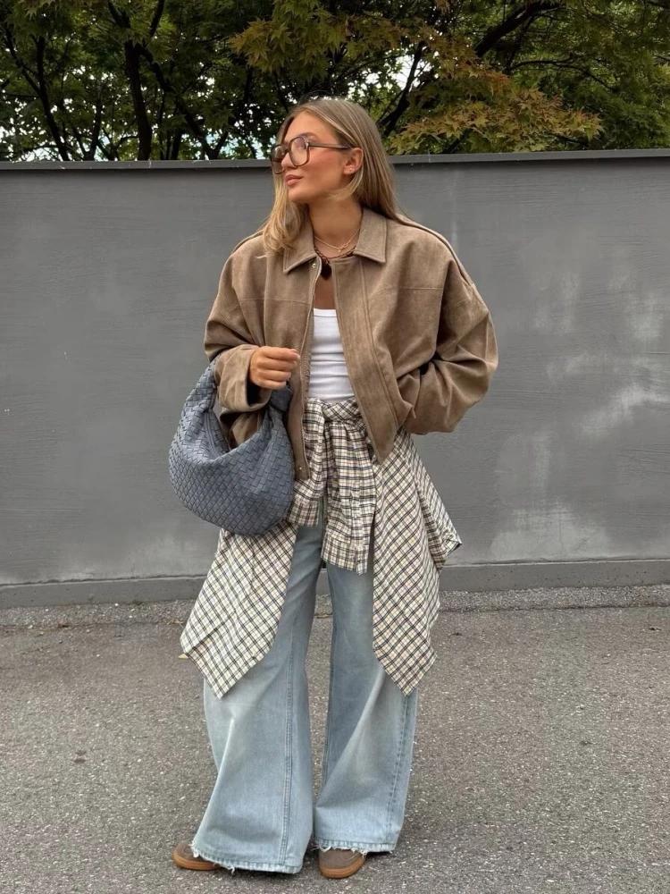 Veste en daim kaki pour femme, ample, décontractée, col rabattu, fermeture éclair, manteau épais, vê