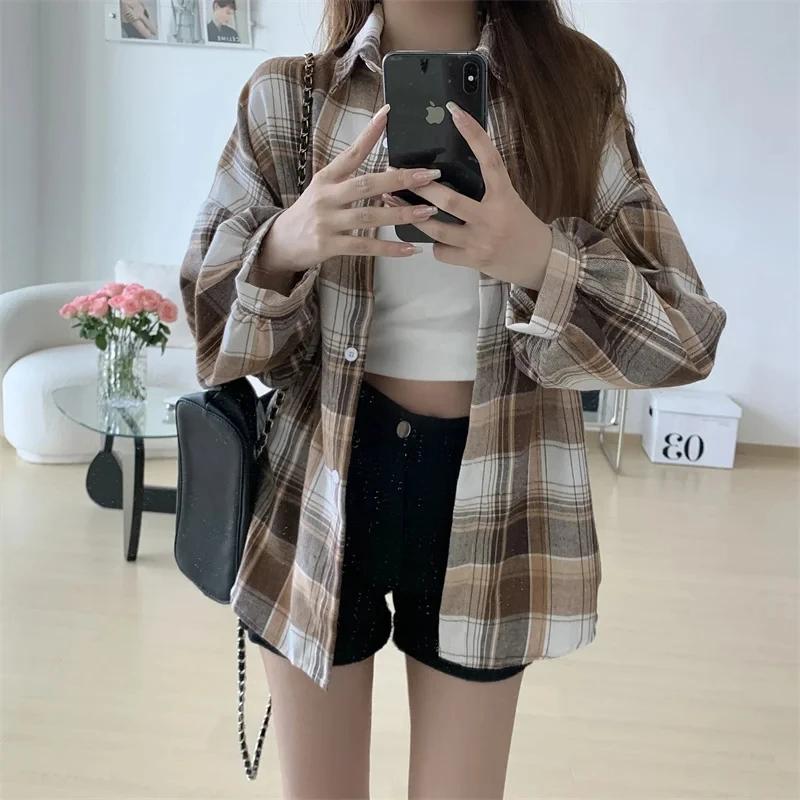 Chemise Tartan à manches longues pour femmes, col boutonné, surdimensionnée, à carreaux, veste Grung