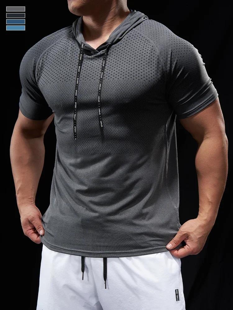 Sweat à capuche homme fitness course musculaire - T-shirt manches courtes cyclisme extérieur