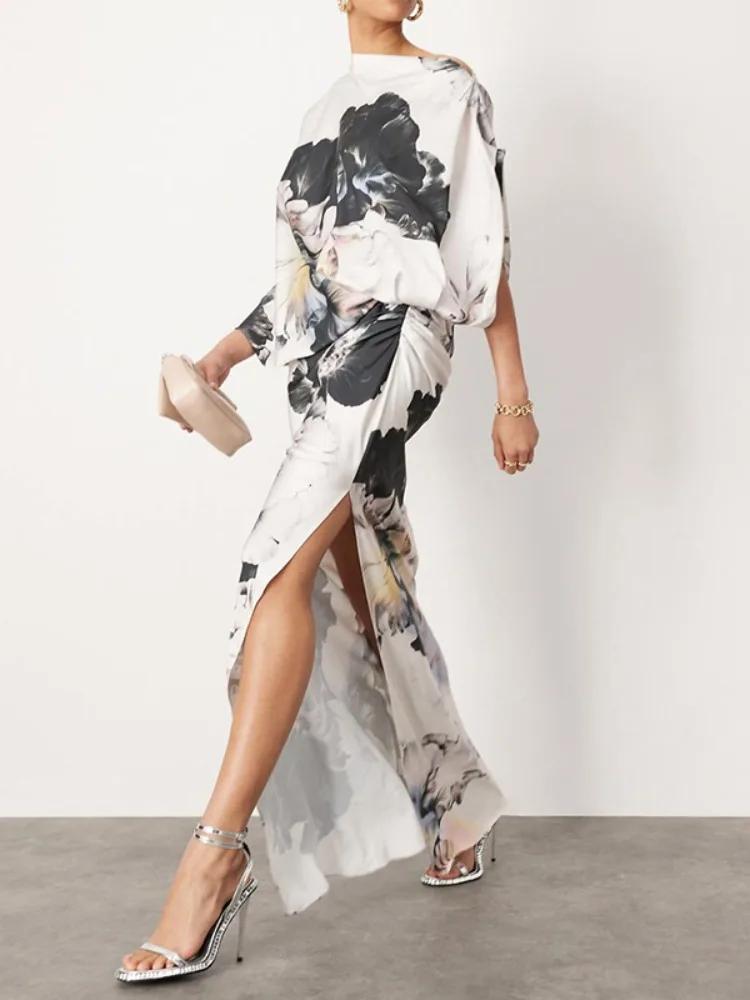 Gymystars mode robes de soirée imprimé fleuri robe longue pour les femmes été Art asymétrique manche