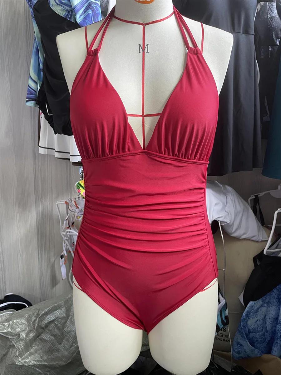 Maillot de bain une pièce froissé froncé pour femmes, Monokini, dos nu, vêtements de plage, 2025, ma