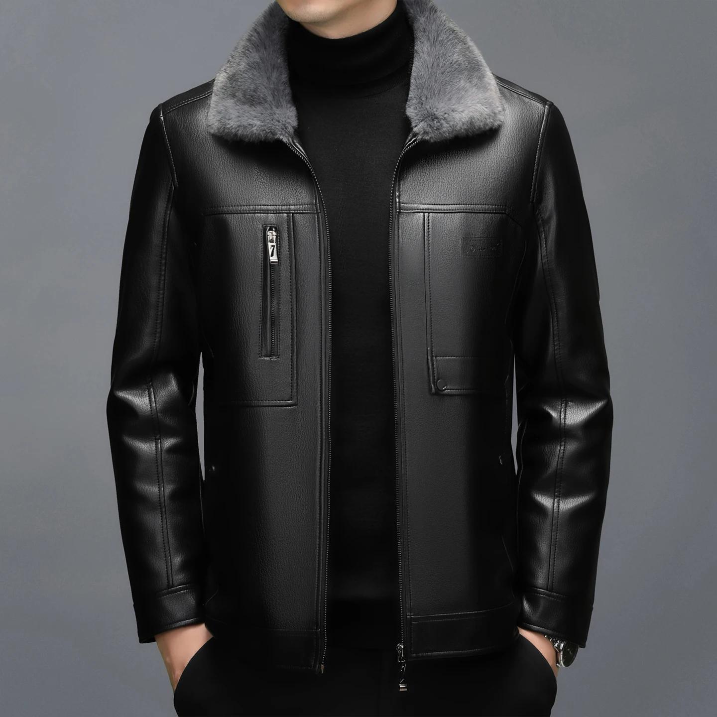 Manteau en cuir véritable pour hommes, avec fourrure, col une pièce, peau de mouton, haut court, épa