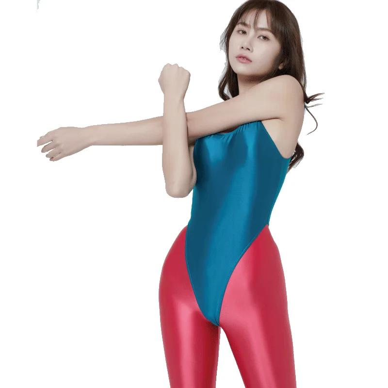 Body brillant en satin pour femmes, body sexy à fourche haute, string, moulant, soyeux, lisse, en fo