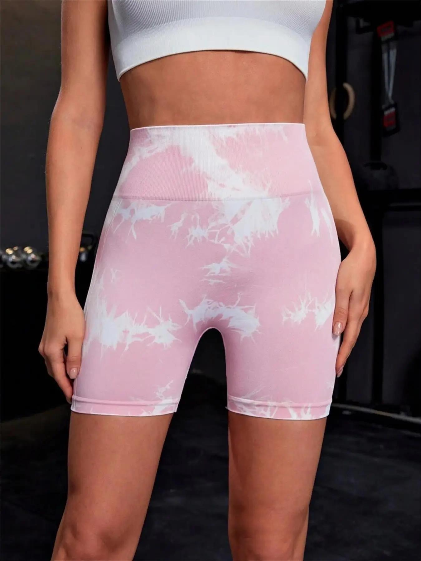 Short de sport froncé taille haute imprimé Tie Dye pour femmes, short slim décontracté, confortable