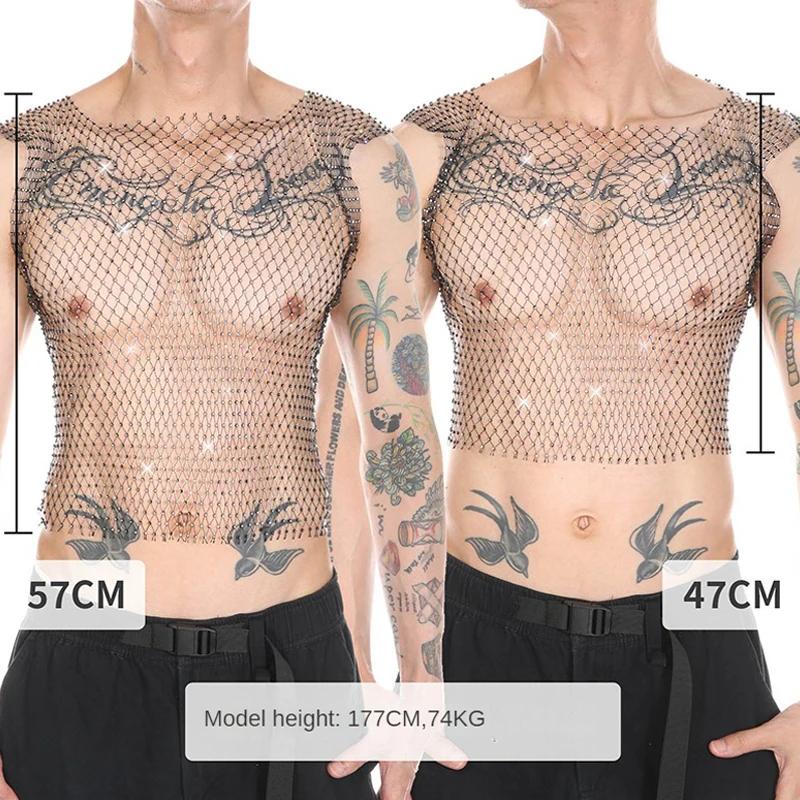 Débardeur de Fitness Transparent pour hommes, gilet en résille Sexy avec strass, hauts musculaires t