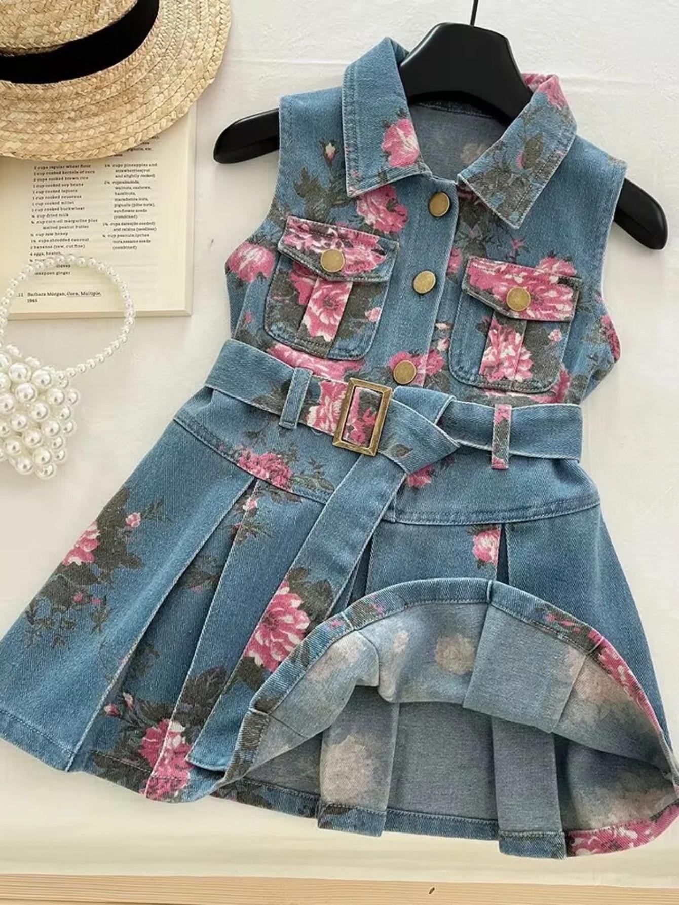 Robe d'été en jean pour filles – Col à imprimé floral et jupe trapèze ceinturée, robe de princesse d