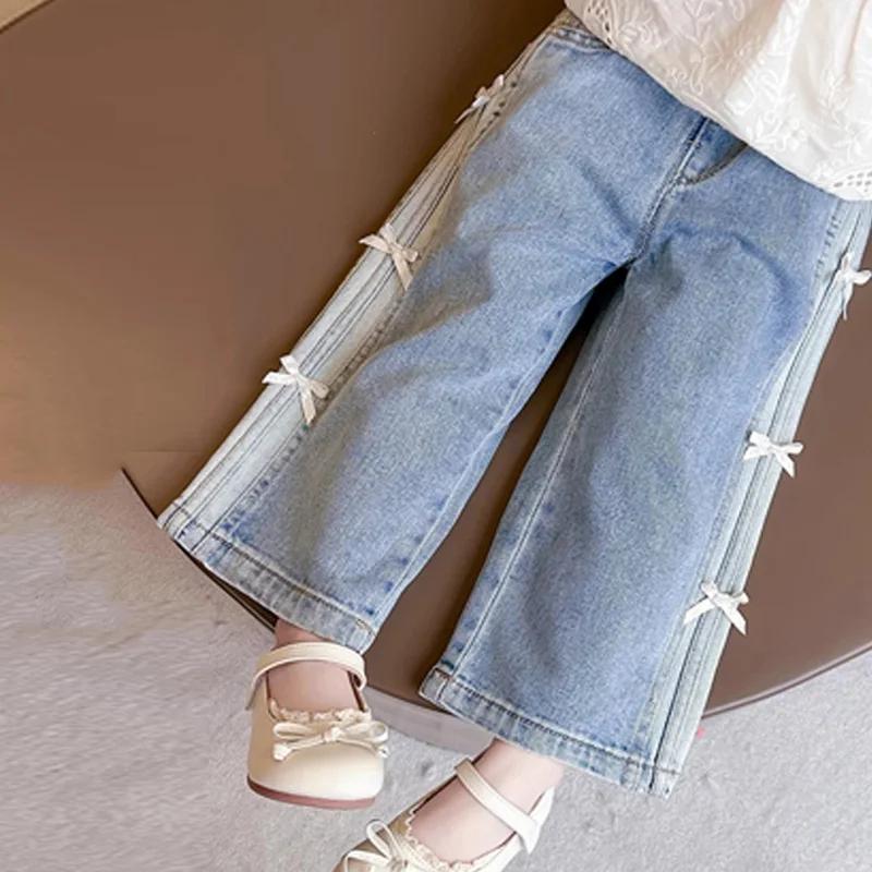 Jeans de printemps pour bébés filles, pantalon en denim à nœud pour enfants, pantalon droit à jambes