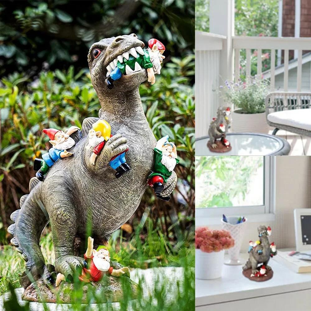 Statue de dinosaure mangeant un gnome drôle, art de la cour, artisanat en résine, décor de jardin à